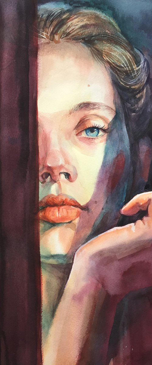 Female portrait. Riddles and shadows. Original watercolor. by Natalia Veyner