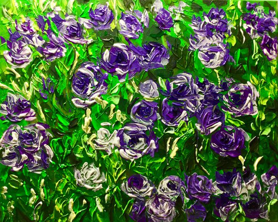 FIELD OF PURPLE PINK WHITE  ROSES  palette knife modern decor MEADOW OF FlOWERS, LANDSCAPE,  office home decor gift