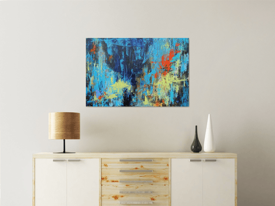 Large Abstract Landscape Painting. Blue, Red, Teal, Brown. Modern Textured Art