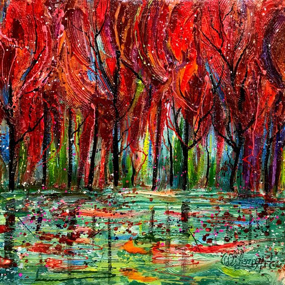 Red Trees  12"x12"x1" (Oil Painting with Palette Knife)