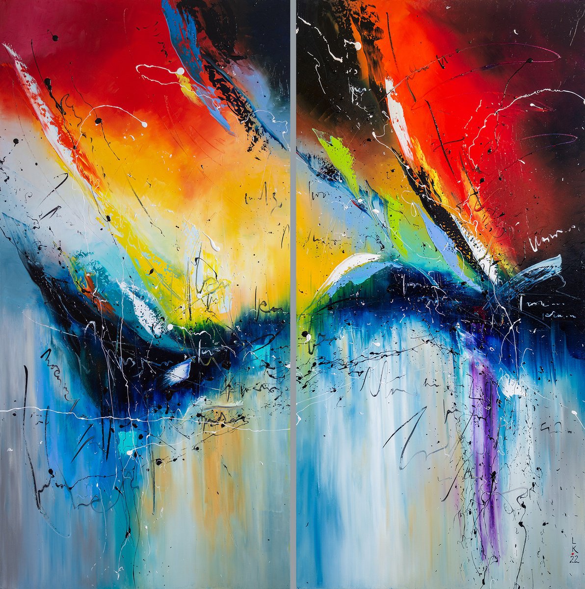 Abstract Oil Painting By Liubov Kuptsova, 47 X 47", Fire And Ice (Diptych), Original Artwork