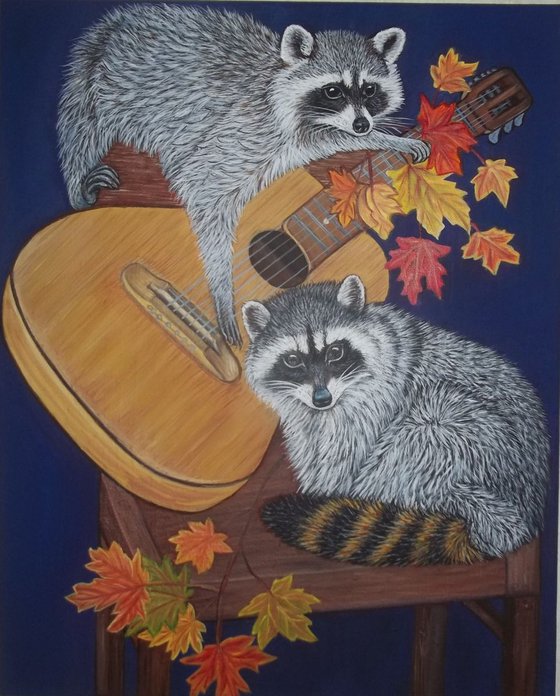original oil painting- Still life, Raccoon and Guitar size 16"x 20" x 1"