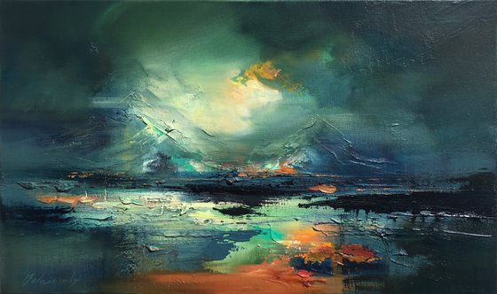 The end of a dark night - 30 x 50 cm, abstract landscape oil painting in blue