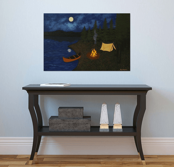 Under the Moonlight - nightscape campfire painting; home, office decor; gift ideas