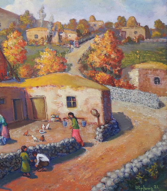 Rural courtyard (80x100cm, oil painting, ready to hang)