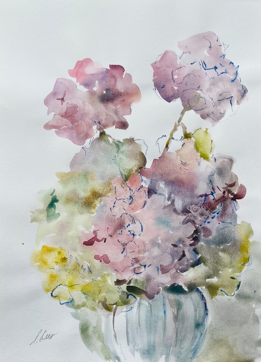 Impressionistic Still Life Watercolour By Elena Klyan, 12 X 16, Hydrangea 6 2022, Original Artwork