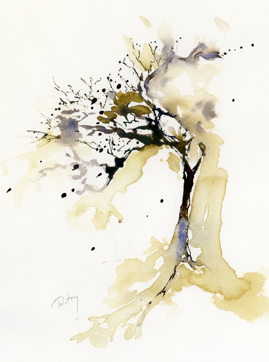 Impressionistic Landscape Watercolour By Alex Tolstoy, 10 X 14, Windblown Tree, Original Artwork