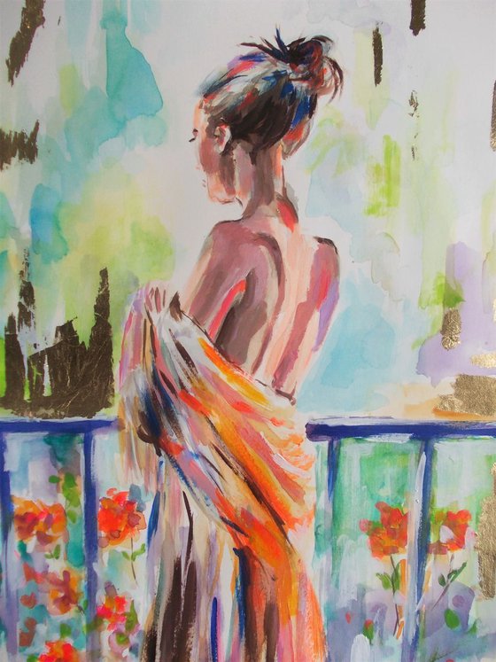 Vanessa at the Balcony- Mixed Media Nude Woman  Painting on Paper