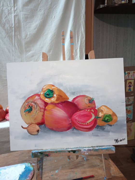 Still life with tomatoes and bell peppers