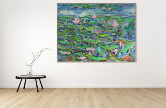 PINK LOTUS - floral landscape, original oil painting, waterscape, water lily pond, waterlilies, large size 146x196 cm