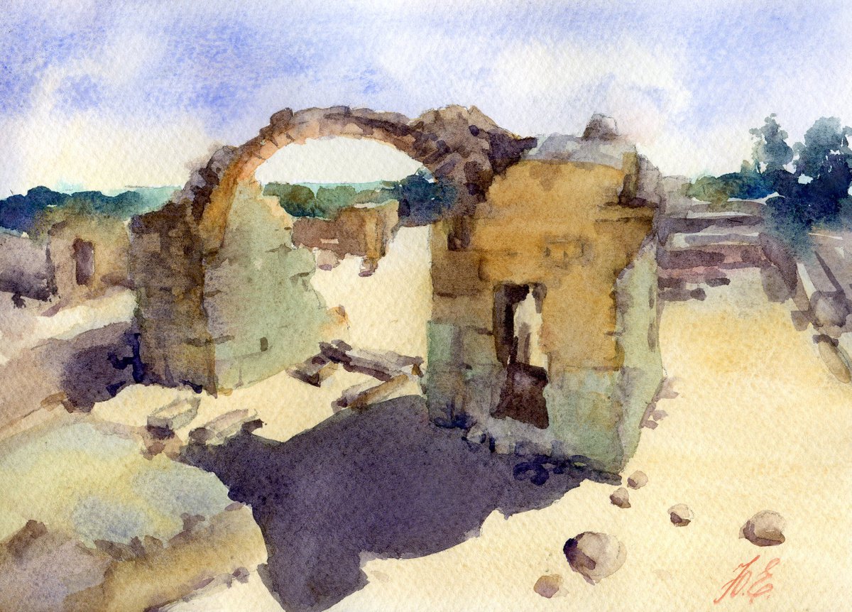 Ruins of Paphos, Small watercolor. Archeology of Cyprus by Yulia Evsyukova