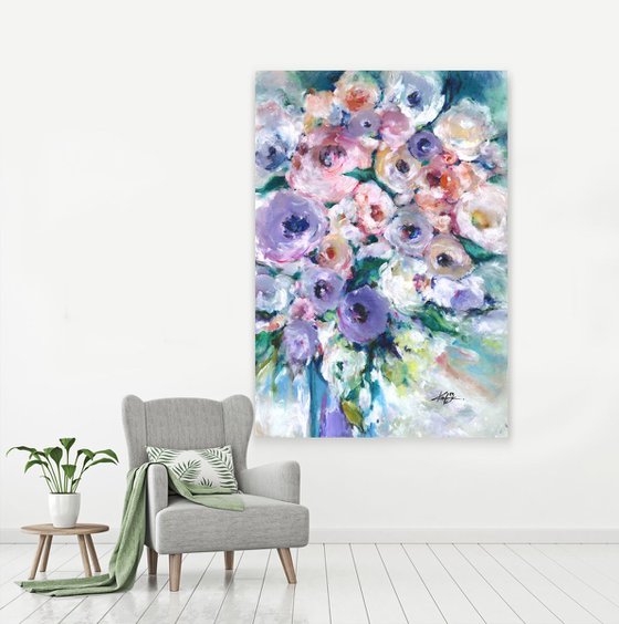 Sunday Bouquet - XX LARGE- 42x30in - Mixed Media Abstract Floral Painting by Kathy Morton Stanion, Modern Home decor, restaurant art