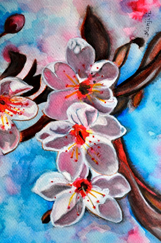 Sakura flowers Japanese Cherry Blossom watercolor painting on sale