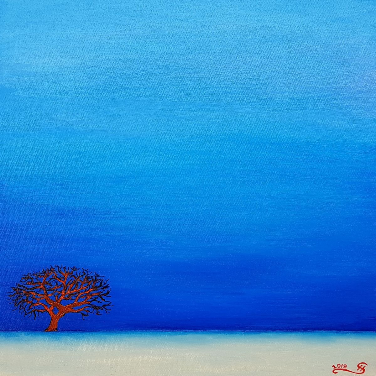 Surrealistic Landscape Acrylic Painting By Silvija Horvat, 16 X 16", Lone Mondrian Red Tree, Original Artwork
