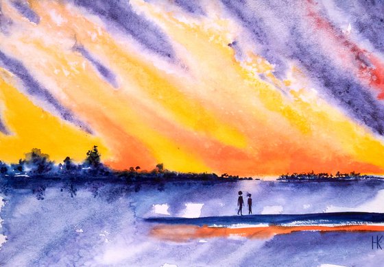 Abstract watercolor landscape bright watercolor riverscape wet on wet original watercolor painting"Walking under the flaming sky"