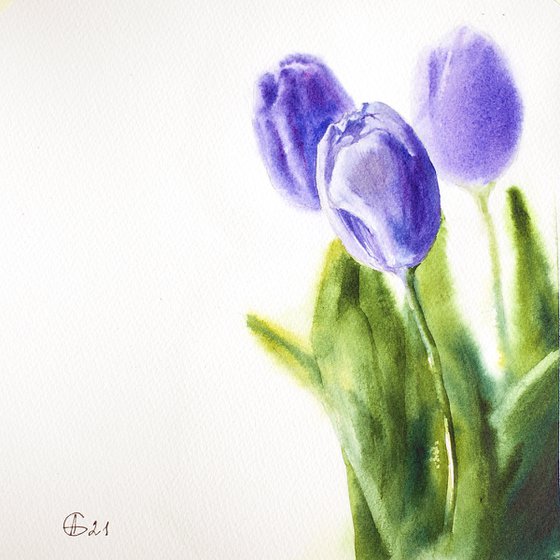 Purple tulips. Minimalistic still life with flowers nature green decor white bouquet wall watercolor small painting original bright gift