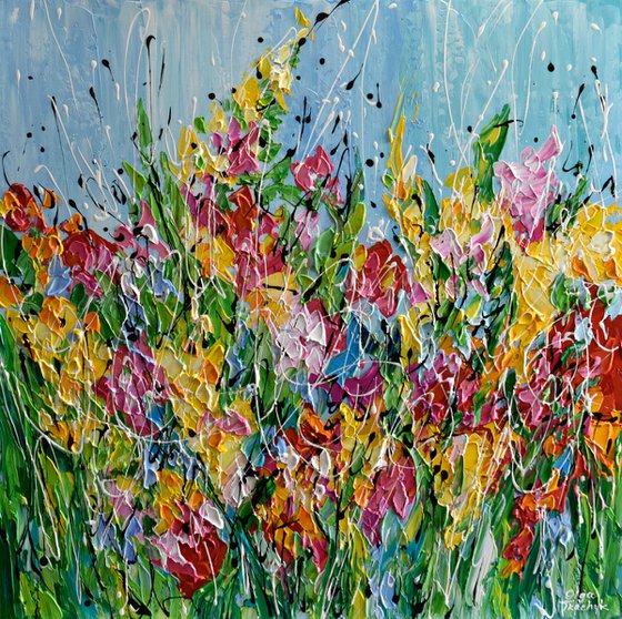 Sun Kissed Flowers - Textured Landscape Painting, Original Abstract Floral Artwork, Palette Knife Art