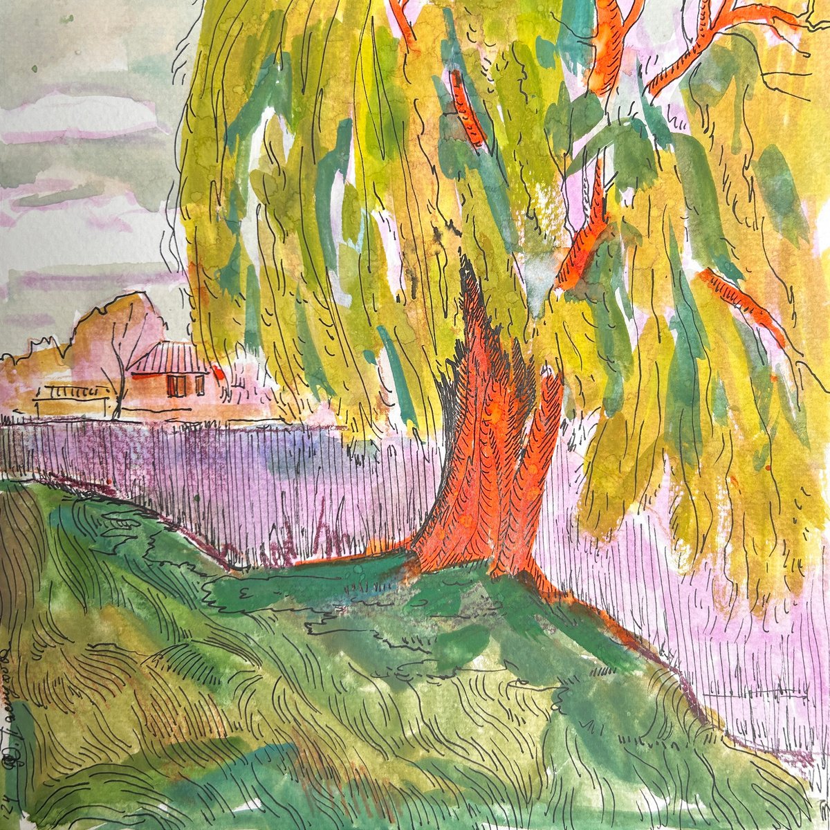 Impressionistic Landscape Painting By Yuliia Pastukhova, 8 X 8", Willow, Original Artwork