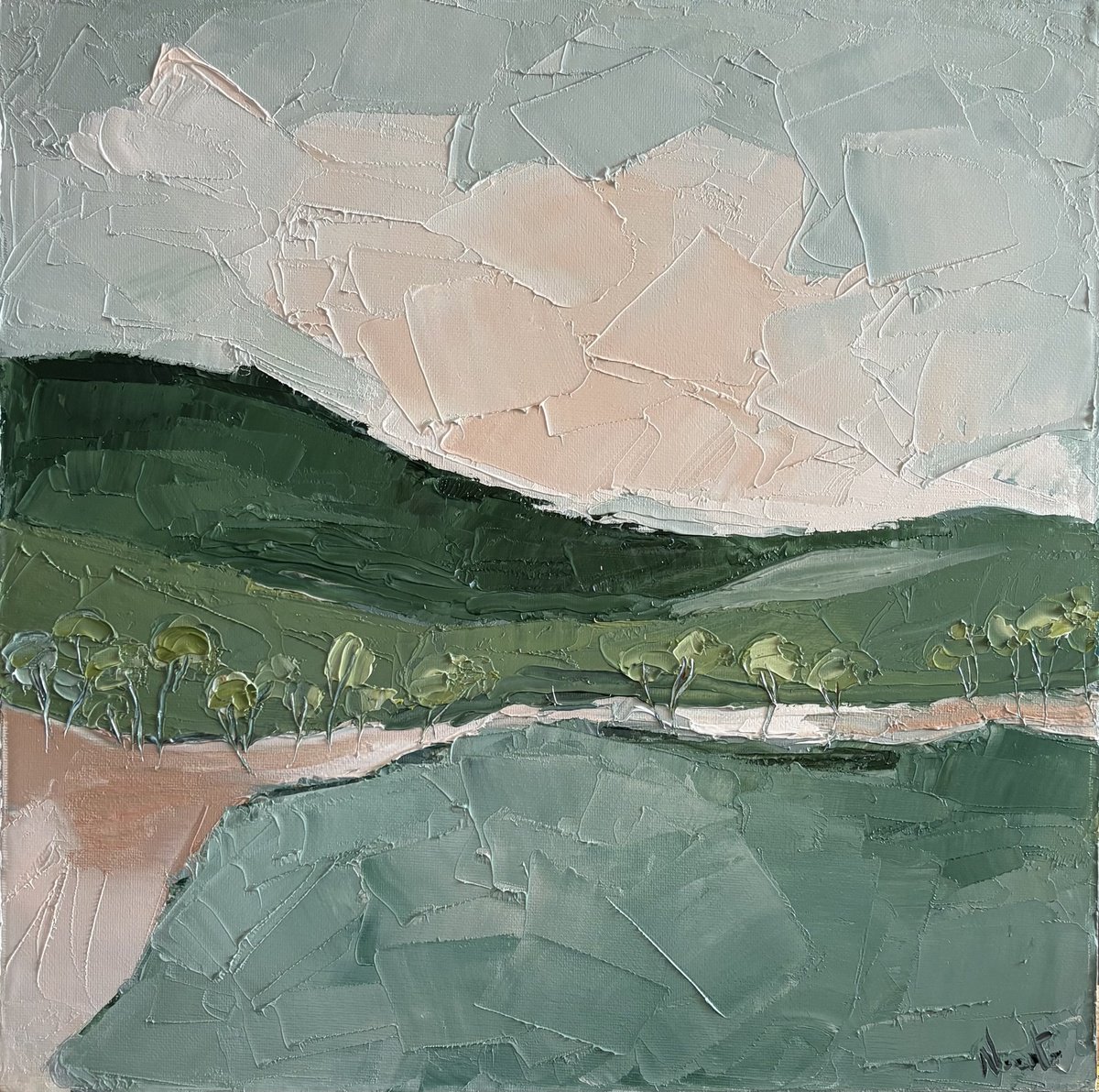 Expressive Oil Painting , Coastal Mediterranean Waters Quiet Hills By Daniela Nocito, 16 X 16, Artwork For Sale On Artfinder