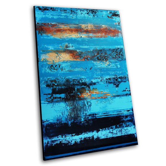 RUST AND BLUE - 120 X 80 CMS - ABSTRACT PAINTING TEXTURED * BLUE * RUST * GOLD