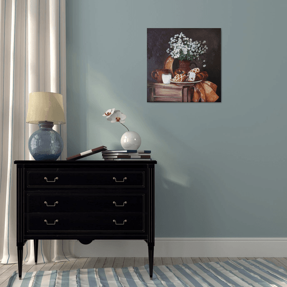 Rural still life, Pastries and White flowers