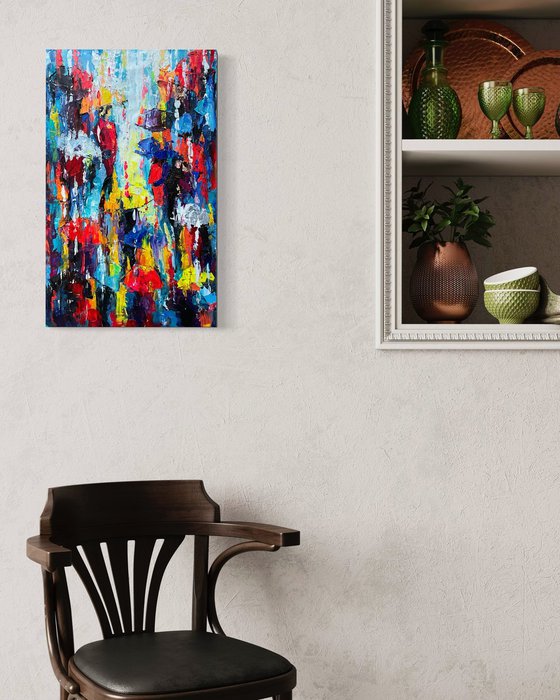 Bright umbrellas. Lady in pink