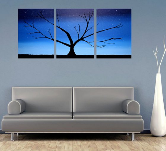 Tree in Blue 3 panel canvas wall abstract 54 x 24