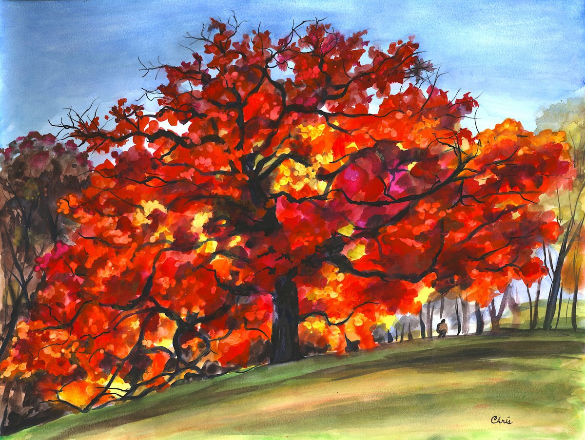 Impressionistic Landscape Watercolour By Christina M Plichta, 24 X 18, Flowing Oak Ii, Original Artwork
