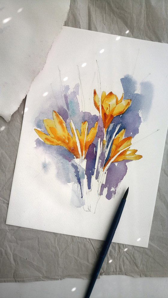 "Fiery" spring flowers crocuses yellow orange watercolours
