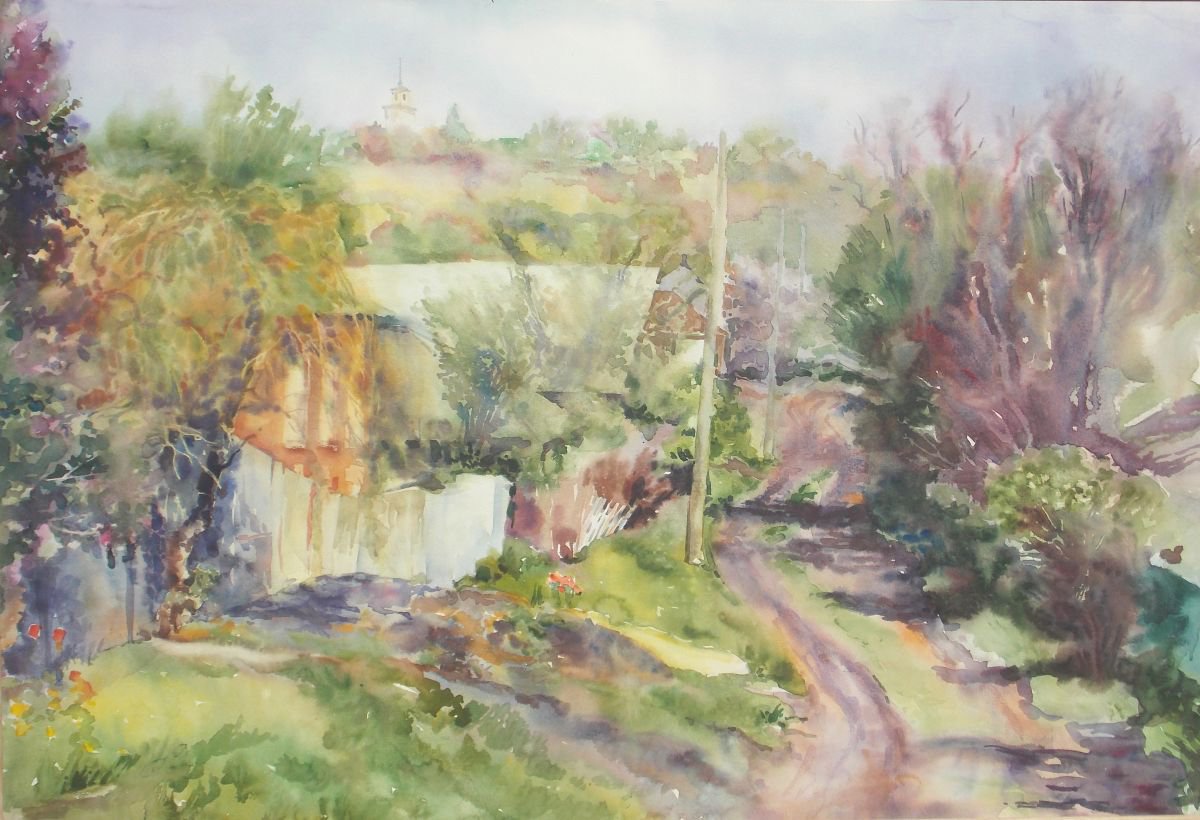 Impressionistic Cityscapes Watercolour By Yurii Pashkov, 36 X 25", Quiet Street, Original Artwork