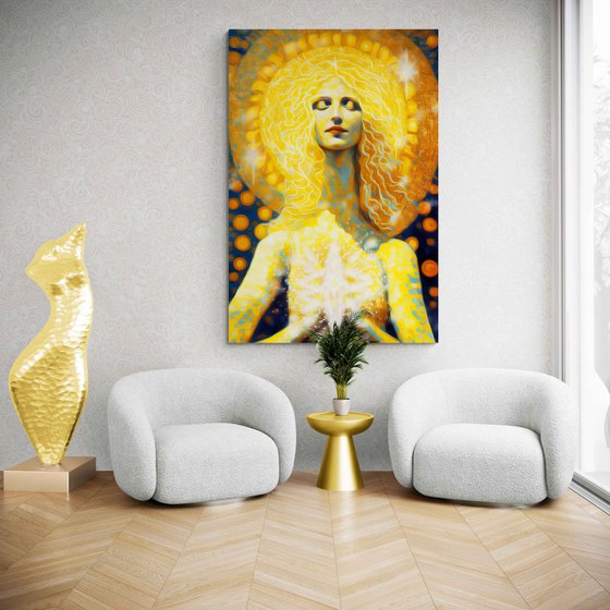 Inner Light. 180 x 120 cm. Magical radiance of the soul. Futuristic fantasy fabulous esoteric surreal mystery harmonious artwork. Yoga meditation relaxation pray aura grace Large format wall art on canvas. Original golden yellow huge digital painting for home decor