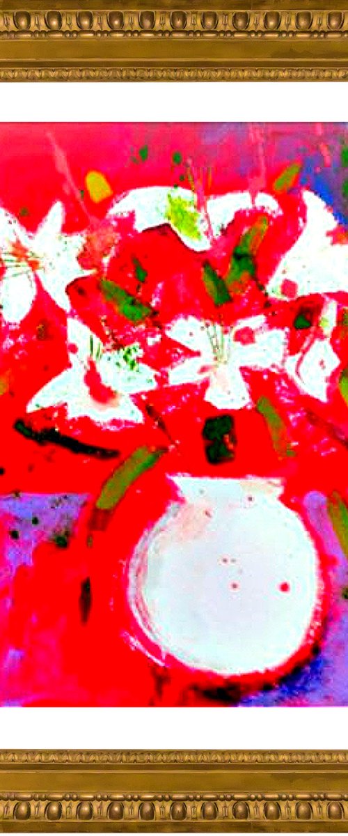 White Lilies on Red by Jan Rippingham