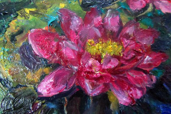 Pink Monet Style Original Oil on Canvas Painting Miniature Waterlily Impressionism Modern Floral Home Decor Fine Art/ Small Oil Painting 10x12in (24x30cm) Valentinas Gift for Her