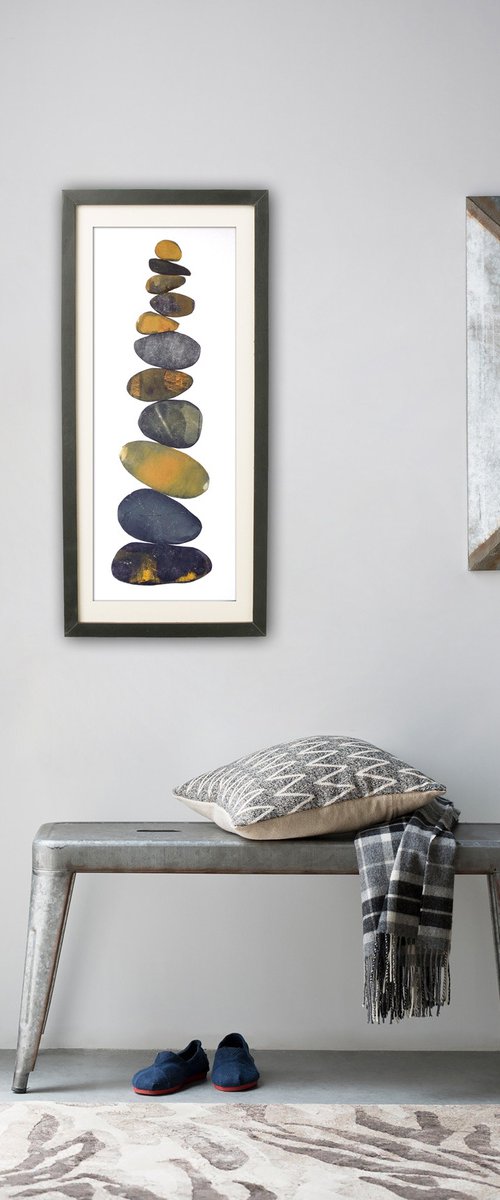 Zen stones - Eleven stones #7  ( banded balancing stones lino/monoprint) by Carolynne Coulson