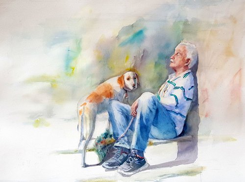 MAN AND DOG. LAZY SUNDAY original watercolour XXL by Beata van Wijngaarden
