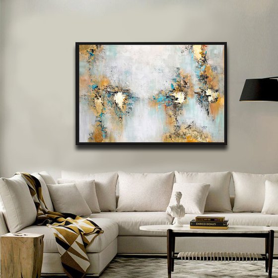 Awake - White Abstract Gold Teal Painting Original, Large Size, Gold Leaf, Sky, Living Room Art, Wall Art Decor Size: 48"x32" (120x80 cm)