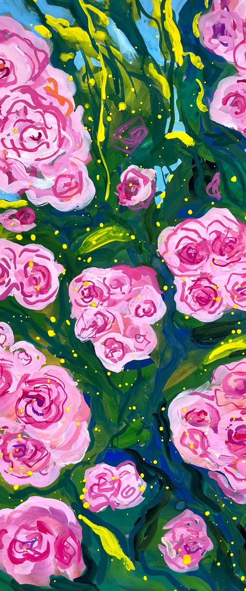 Roses Original Gouache Painting, Pink Flower Wall Art, Cottagecore Home Decor by Kate Grishakova