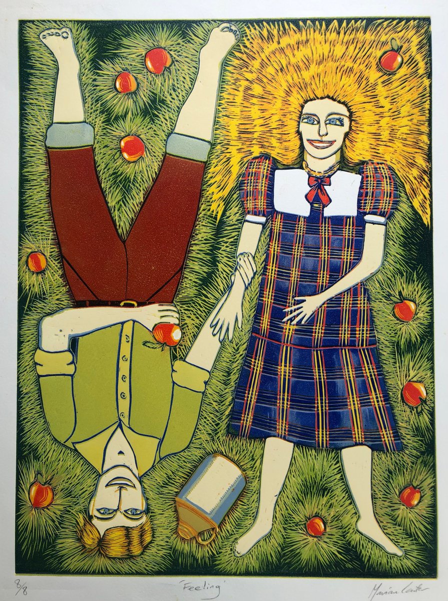 Illustrative Portrait Linocut By Marian Carter, 15 X 20", Feeling, Original Artwork