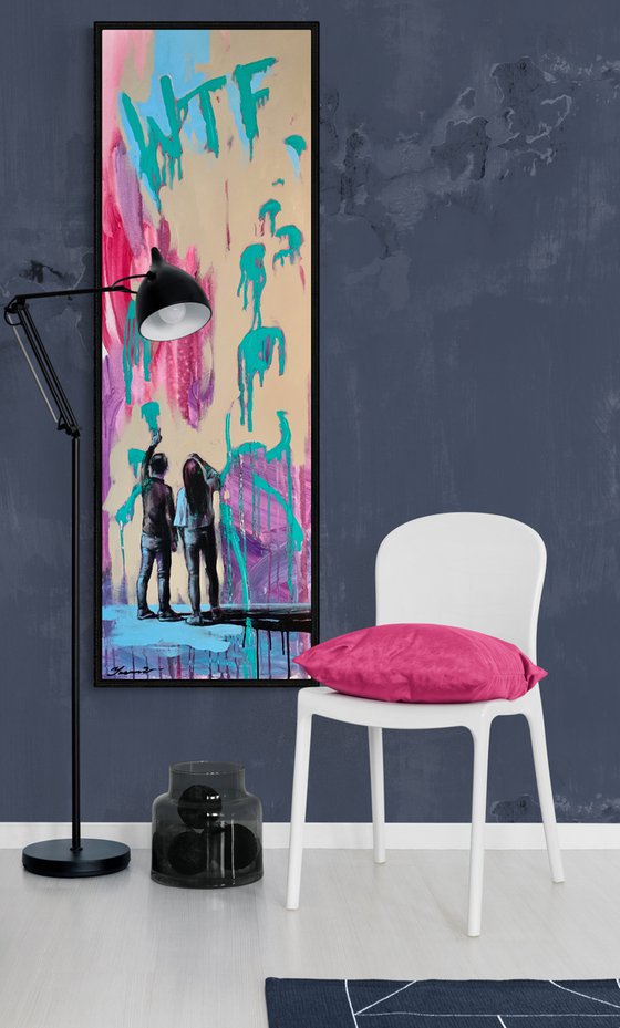 Bright vertical painting - "WTF" - Pop Art - Girl and Boy - Love - Graffiti