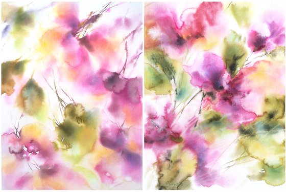 Diptych with pink abstract flowers