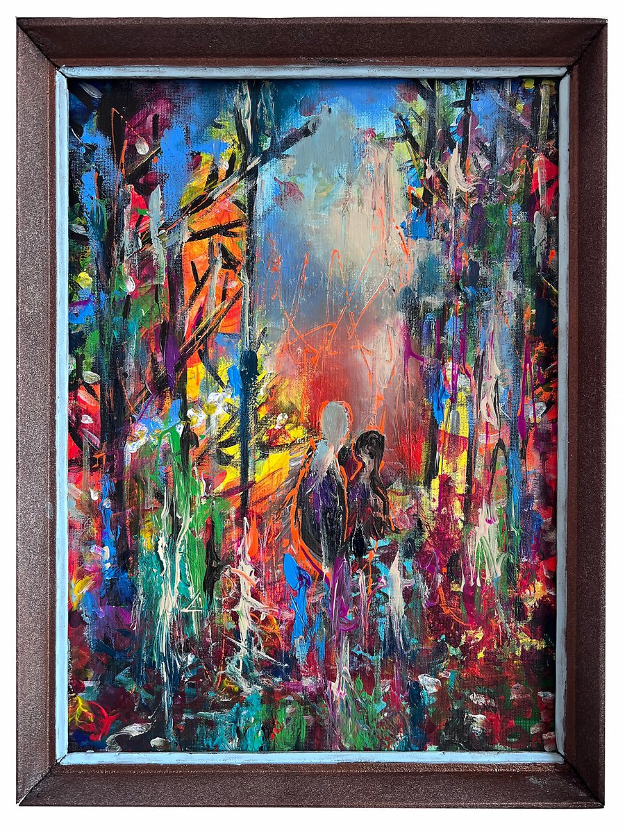 Abstract Landscape Oil Painting By Eleonora Bakalova, 14 X 18, Colorful Forest, Original Artwork