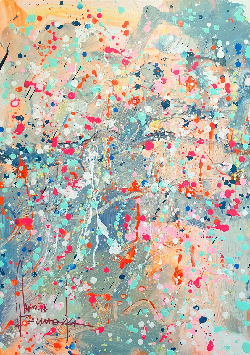 Impressionistic Abstract Acrylic Painting By Marta Zawadzka, 20 X 28", Morning Rain, Original Artwork