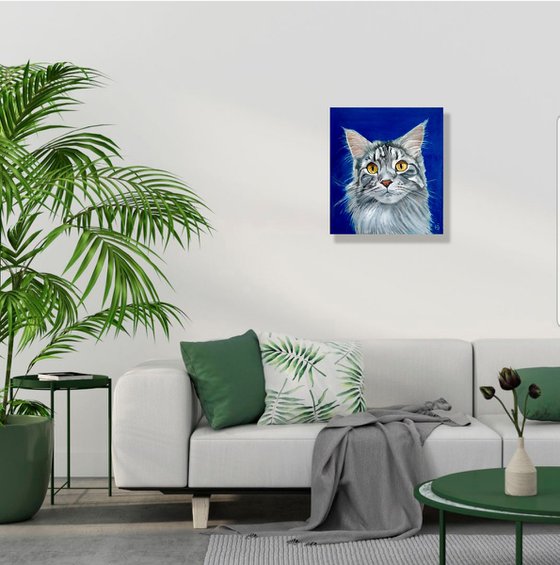 Grey Cat, Cat Oil Painting Maine Coon Original Art Pet Artwork 45x50 cm, ready to hang.