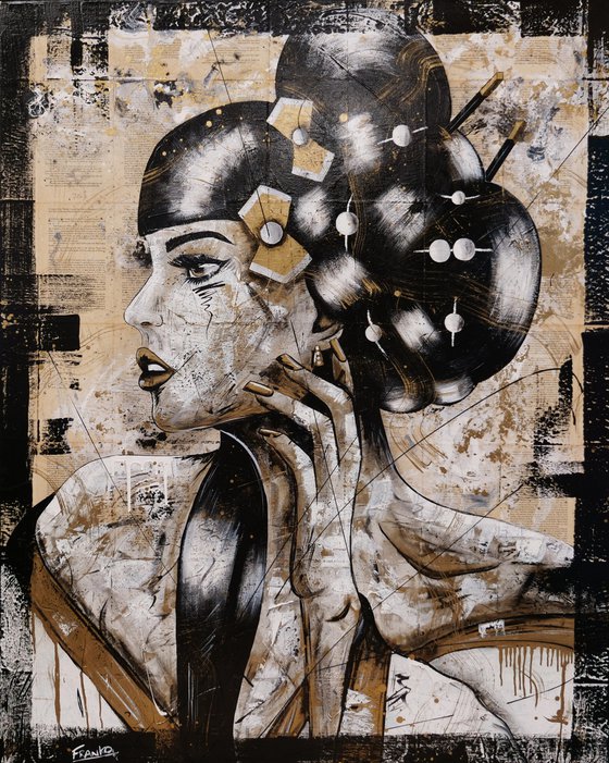 Gorudo (Golden) 120cm x 150cm Geisha Textured Abstract Realism Book Page Art