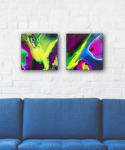 "His And Hers" - FREE USA SHIPPING + Save As A Series - Original PMS Abstract Diptych Fluid Acrylic Paintings On Canvas - 24" x 12" by Preston M. Smith (PMS)