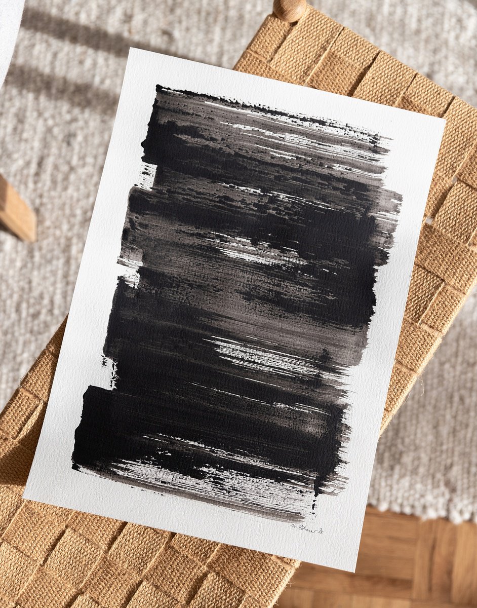 Organic Abstract Acrylic Painting By Mareike Bohmer, 12 X 17", Black Brushes 2, Original Artwork