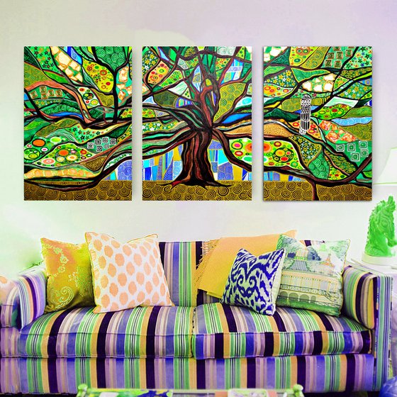 Green abstract painting Tree of life. Large abstract wall art