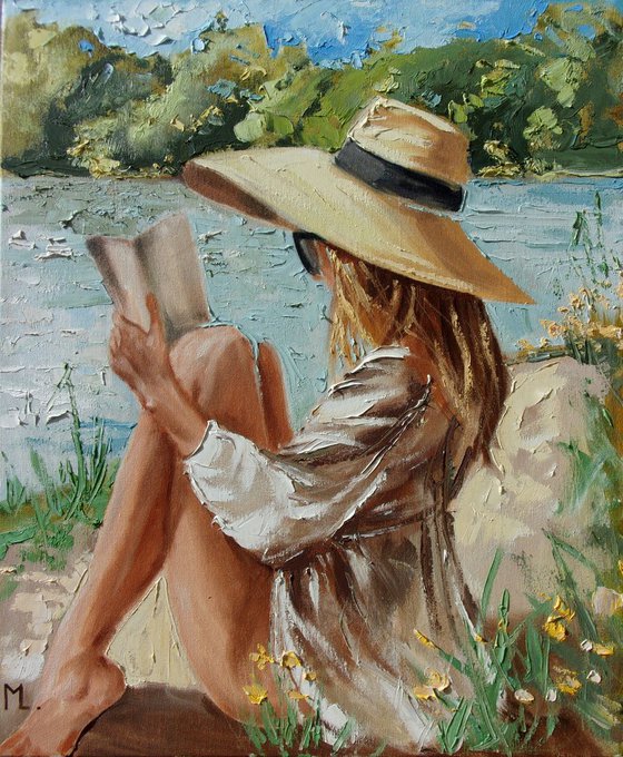 " A LAKE FROM MY BOOK ... I "  original OIL painting SPRING palette knife reading book GIFT MODERN URBAN ART OFFICE ART DECOR HOME DECOR GIFT IDEA
