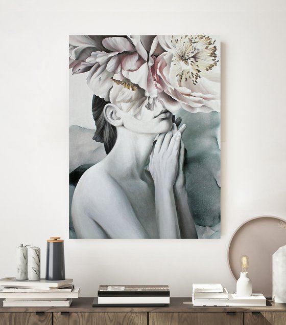 "Spring mood" Girl and flowers peony art
