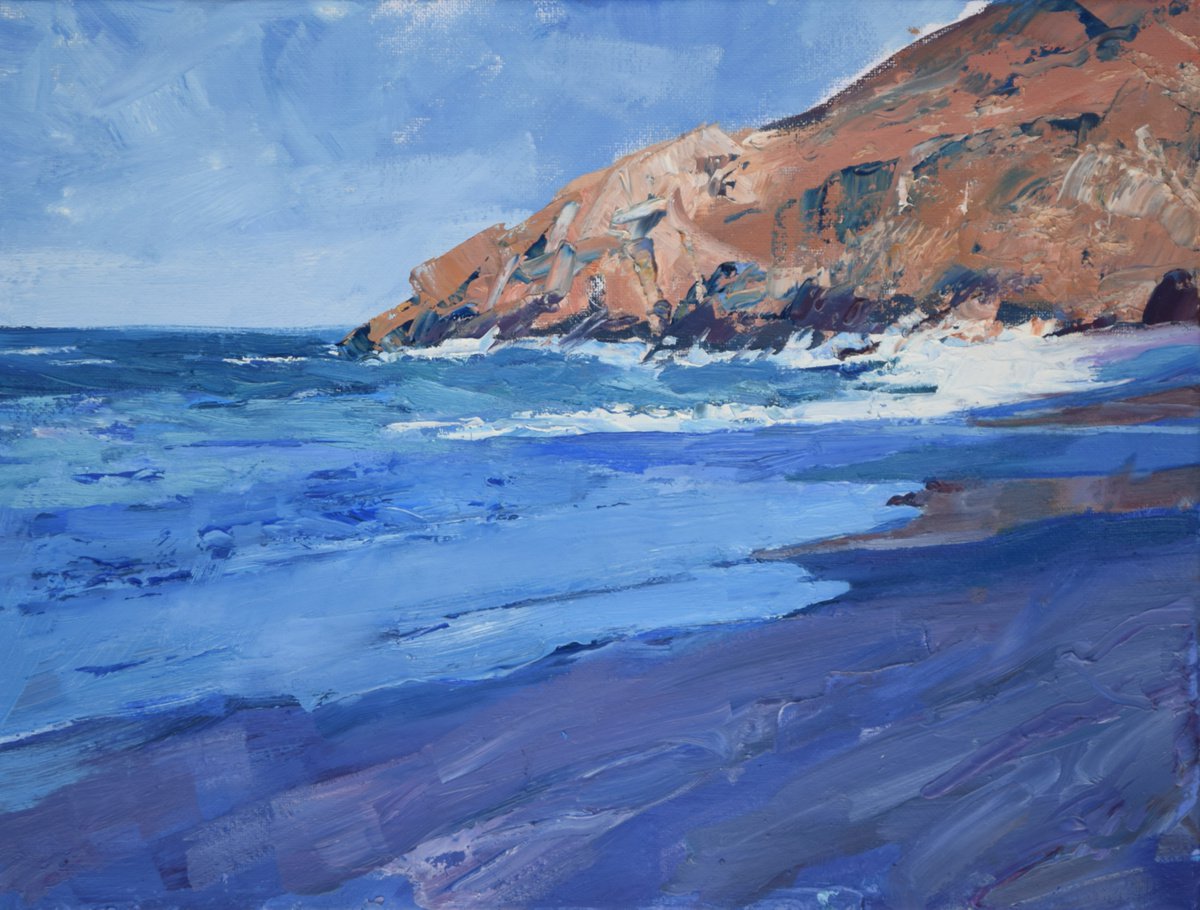 Expressive Landscape Acrylic Painting By Goran Zigolic Watercolors, 16 X 12, Portheras Cove, Cornwall, Original Artwork